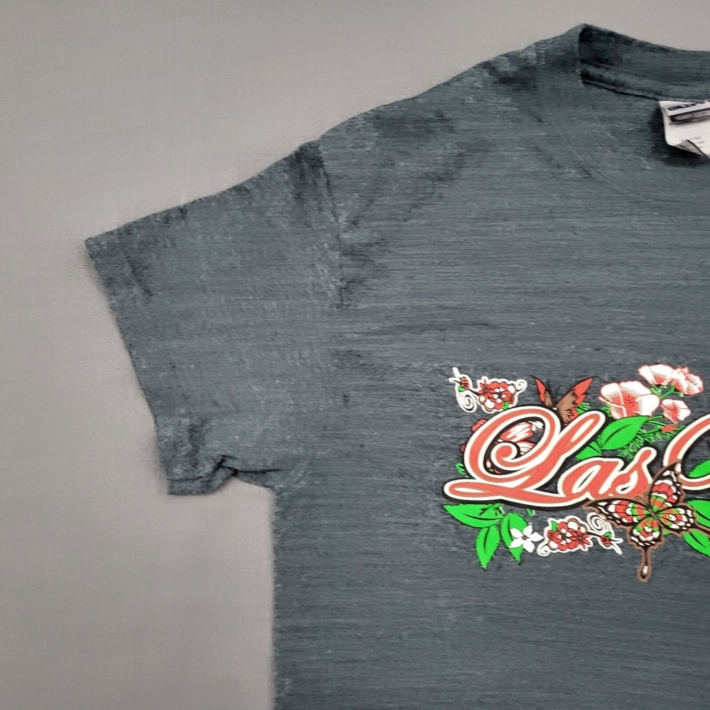 Gildan‎ Las Vegas Graphic T-Shirt S Charcoal Gray Heather Floral Butterfly Bird - Picture 2 of 11